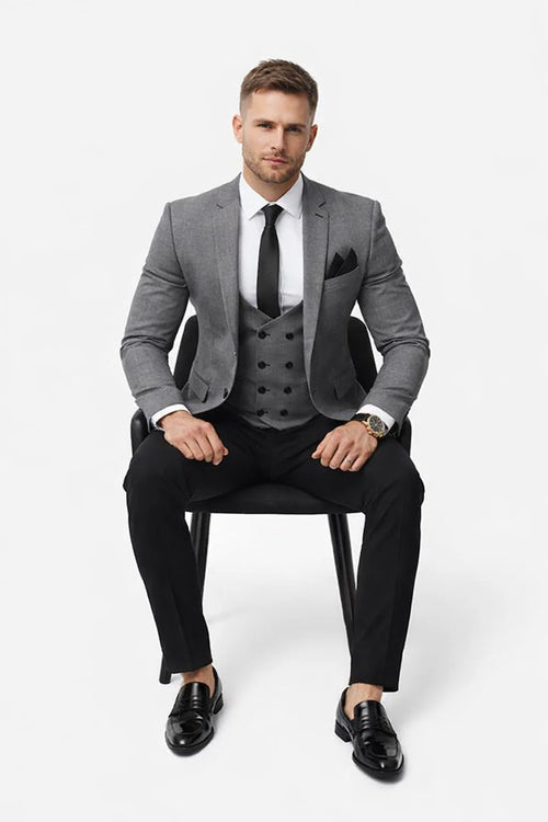 Men’s Grey Slim Fit 2-Piece Suit – Jacket + Pants Combination | Notch Lapel Formal Business Suit