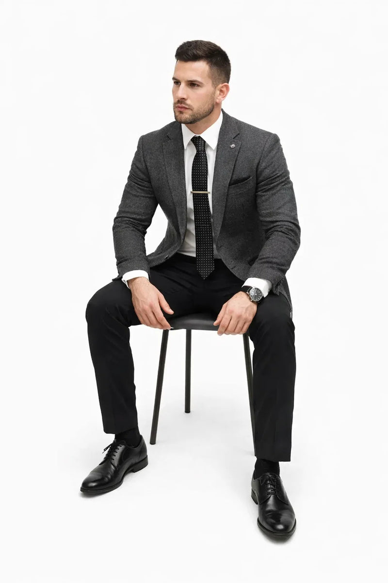 Grey Suit Jacket Black Pants - Satin Peak Lapel - Two Button Closure Suit