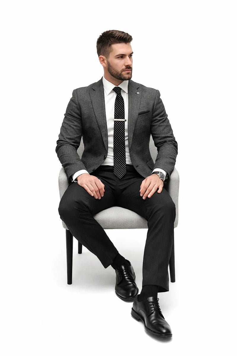 Grey Suit Jacket Black Pants - Satin Peak Lapel - Two Button Closure Suit