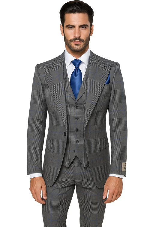 Gray plaid three-piece suit with blue accents. Classic fit, 100% wool. Includes blazer (peaked lapels, single-button), vest, and wide-leg trousers.