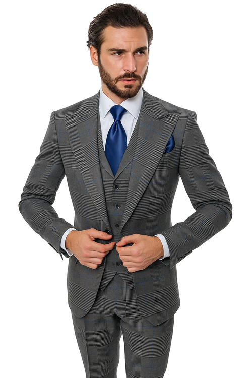 Gray, classic-fit, three-piece suit (vest & wide-leg pants) made of 100% wool. Features a checkered pattern.