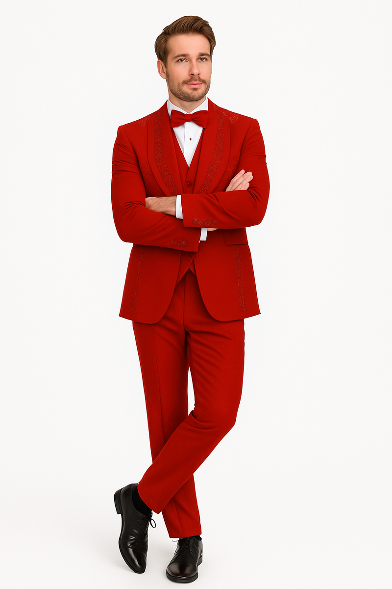 Italian red wool 3-piece tuxedo with a modern fit. Structured jacket, notched lapel, matching trousers, and waistcoat. Smooth fabric with decorative stitching. Tailored silhouette, vibrant red hue. Contemporary look.