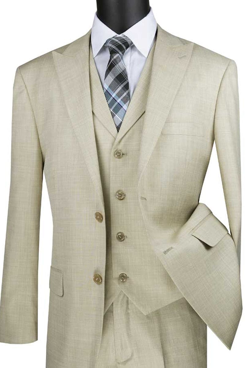 Stretch Fabric - Slim Fit - Mens Vested 2 Button Wide Peak Lapel Textured Summer Suit in Putty - Sand Light Tan Color