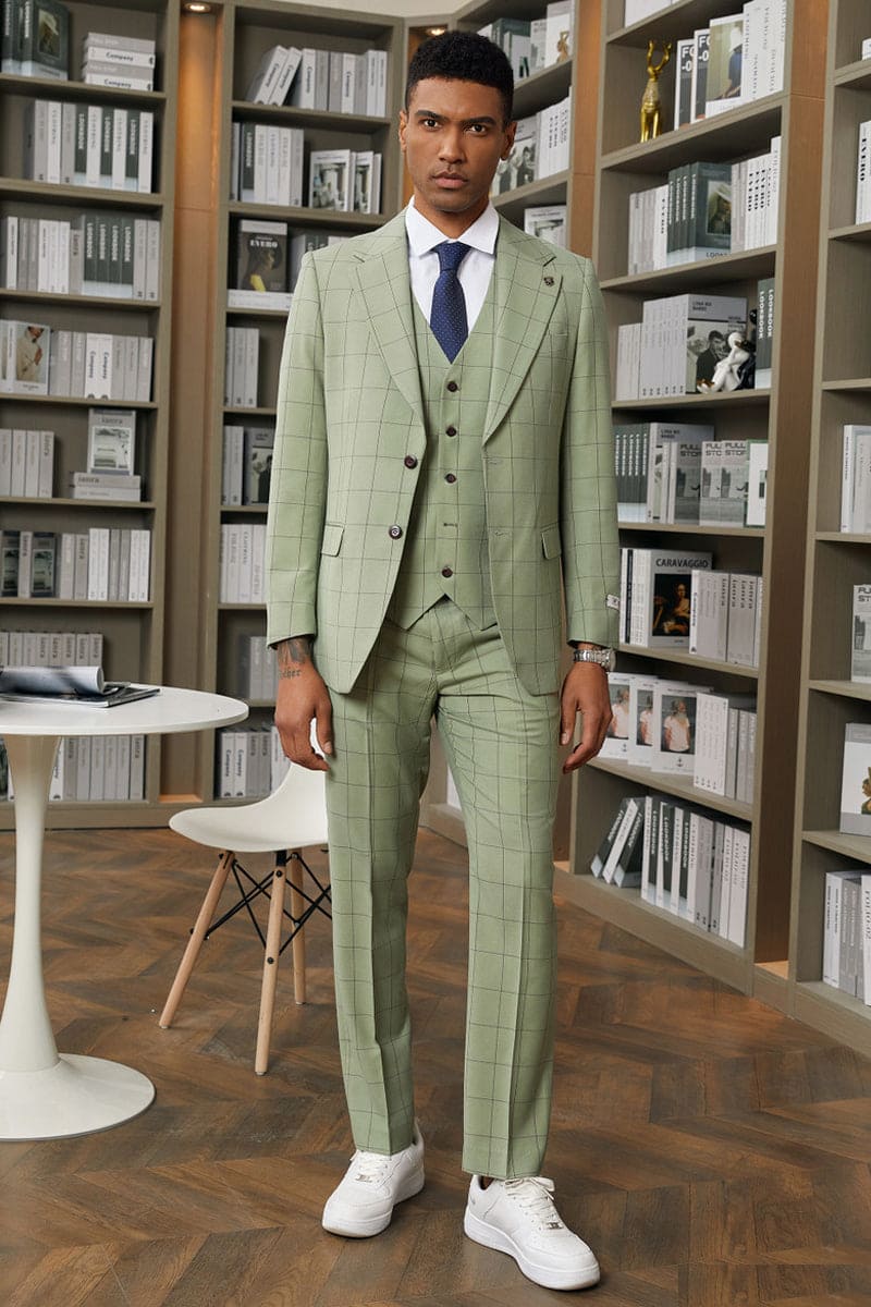 "Mens Stacy Adams Suit -Stacy Adams Suit Men's Sage Green Windowpane Plaid Vested Suit"