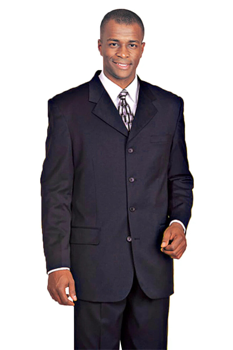 Men's dress suit made from 100% wool, featuring a navy color. It consists of a fitted jacket with wide lapels, two front flap pockets, and a single chest pocket, all with a smooth finish. The trousers match the jacket in color and material.