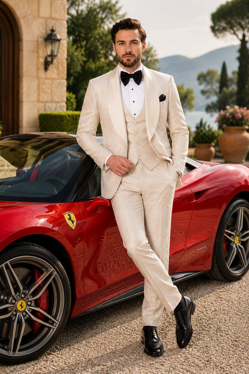 Men One Button Floral All Champagne Tuxedo – 3 Piece