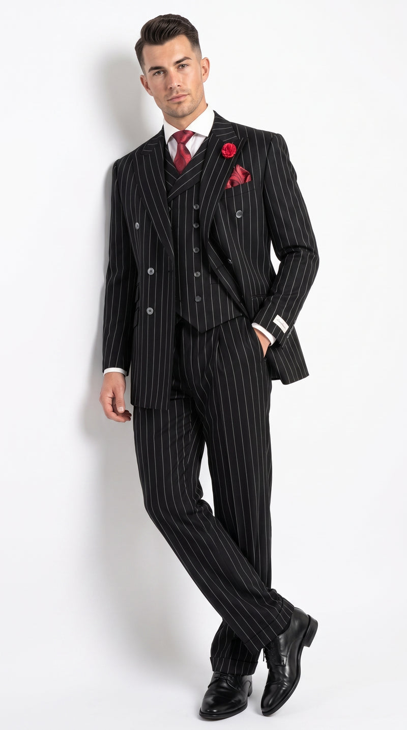 Harlem Nights Suits for Men by Tiglio – 100% Wool Double Breasted Black Pinstripe Vested Suit Wide Leg Pleated Pants Classic fit