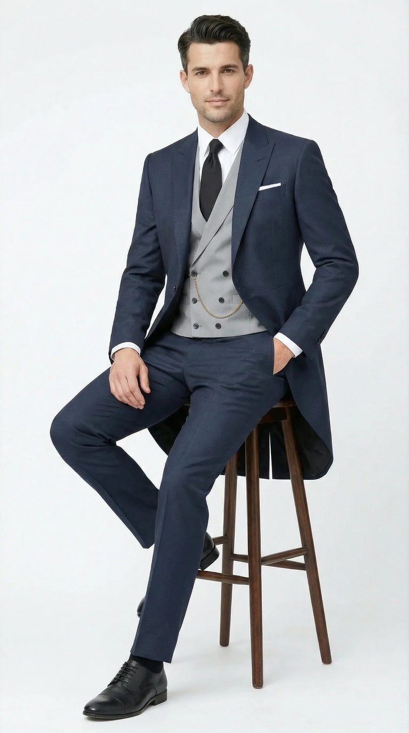 Men’s Navy Blue Three-Piece Formal Suit – Cutaway Blazer and Trousers for Wedding Tailcoat