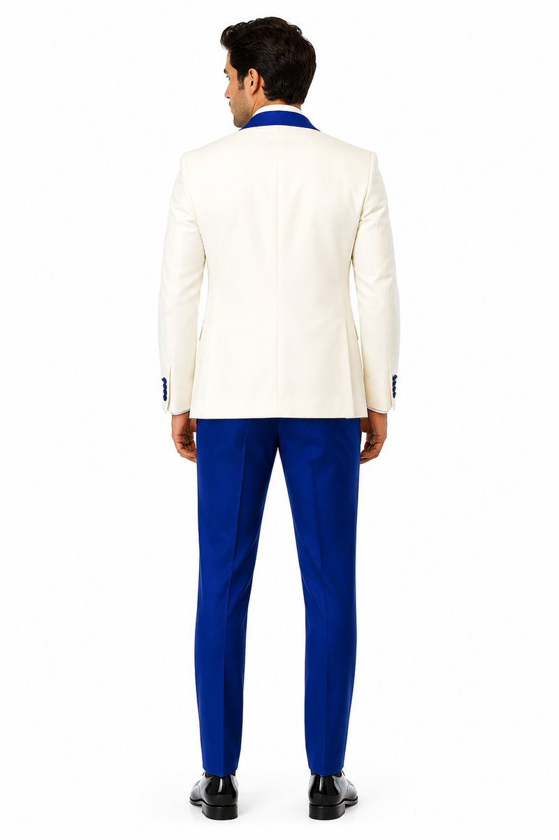 Hilton White and Royal Blue Paisley Peak Lapel Tuxedo Jacket with Matching Shawl Vest and Wool Pants - Includes Bow Tie