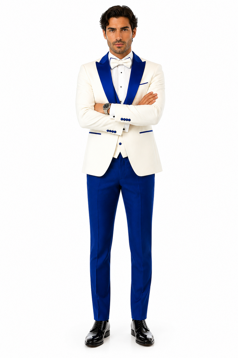 Hilton White and Royal Blue Paisley Peak Lapel Tuxedo Jacket with Matching Shawl Vest and Wool Pants - Includes Bow Tie