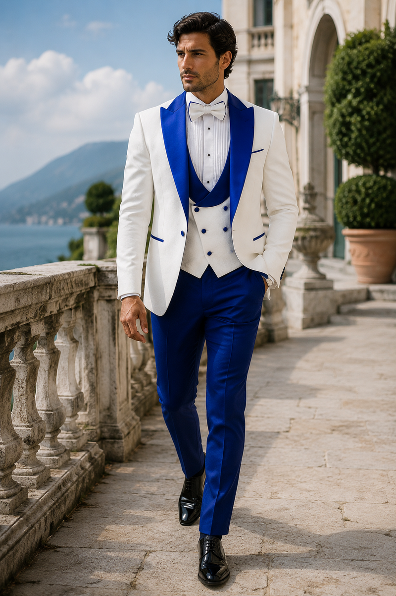 Hilton White and Royal Blue Paisley Peak Lapel Tuxedo Jacket with Matching Shawl Vest and Wool Pants - Includes Bow Tie