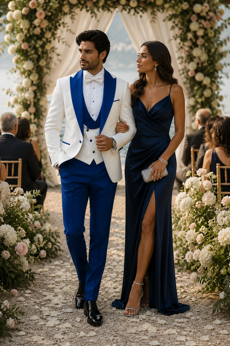 Hilton White and Royal Blue Paisley Peak Lapel Tuxedo Jacket with Matching Shawl Vest and Wool Pants - Includes Bow Tie