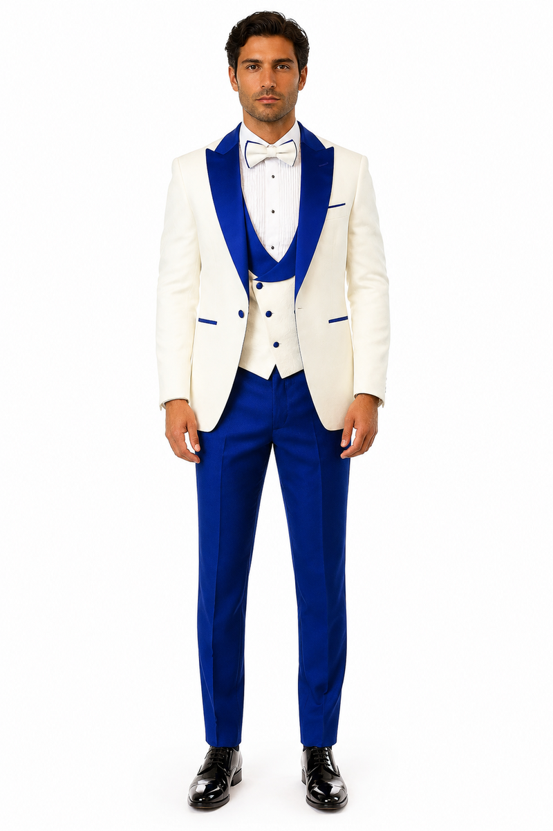 Hilton White and Royal Blue Paisley Peak Lapel Tuxedo Jacket with Matching Shawl Vest and Wool Pants - Includes Bow Tie