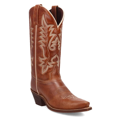Laredo Carly Honey Snip Toe boots for women. Tall, tan leather shaft with pointed toe and floral stitching. Features pull straps and a slight heel for easy wear.