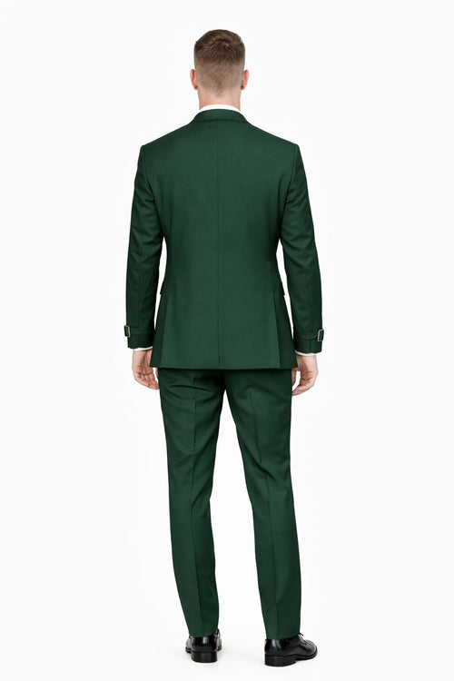 Mens Designer Tailored Fit Hunter Green Double Breasted Wool Suit with Metal Buckle Closure