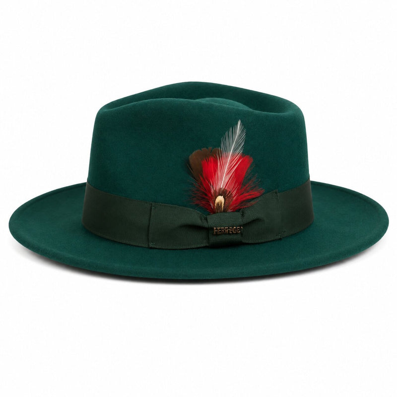 Gangster 100% Australian Wool Crushable Mens Fedora Hat - Removable Feather Gangster Hunter Green Mens Fedora Hat