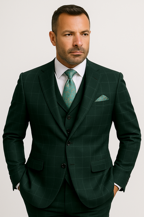Hunter Green Plaid Suit - Windowpane Pattern Modernt Fit in Dark Green With Vest