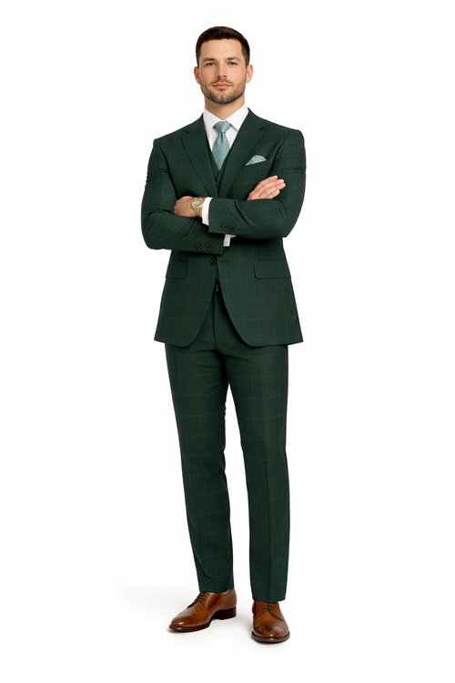 Hunter Green Plaid Suit - Windowpane Pattern Modernt Fit in Dark Green With Vest
