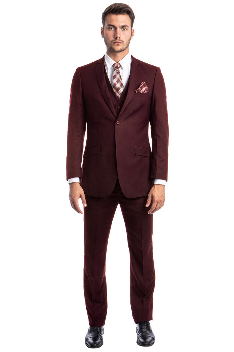 "Burgundy Slim Fit Men's Wedding Suit - Two Button Basic Vested"
