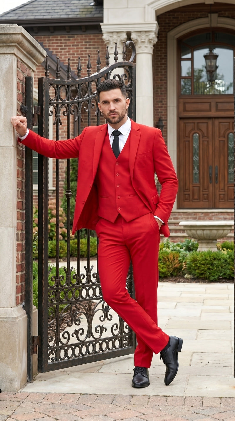 Men’s Red 3 Piece Suit with Jacket, Vest and Pants, Formal Wedding Prom Dress Suit