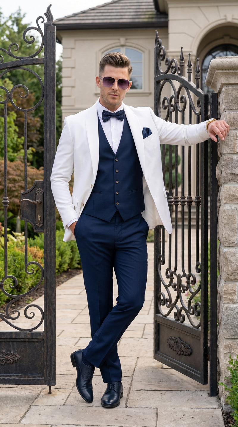 Men’s White and Navy Blue Wedding Suit, White Dinner Jacket with Navy Vest, Pants and Bow Tie