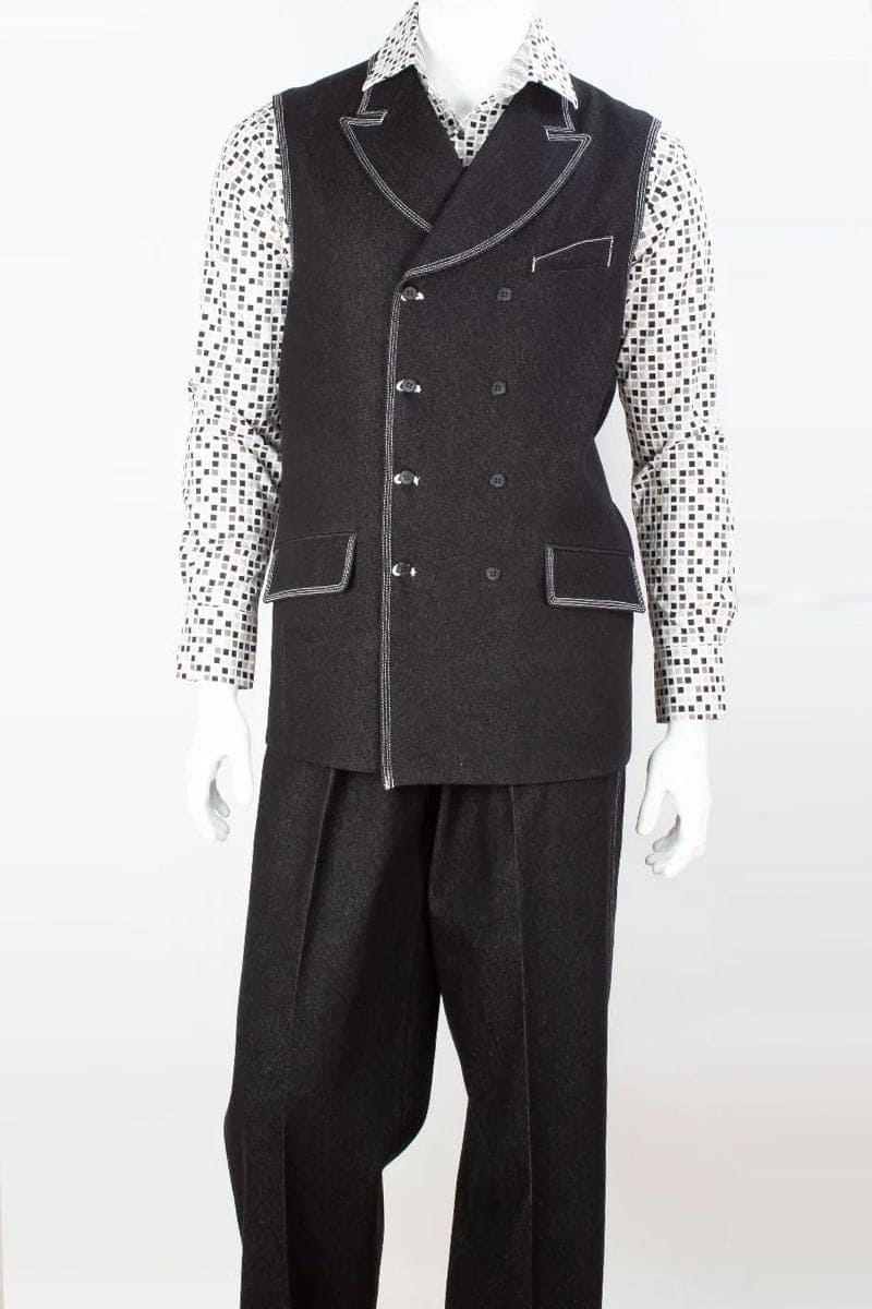Men's double breasted vest with wide peak lapel black suit