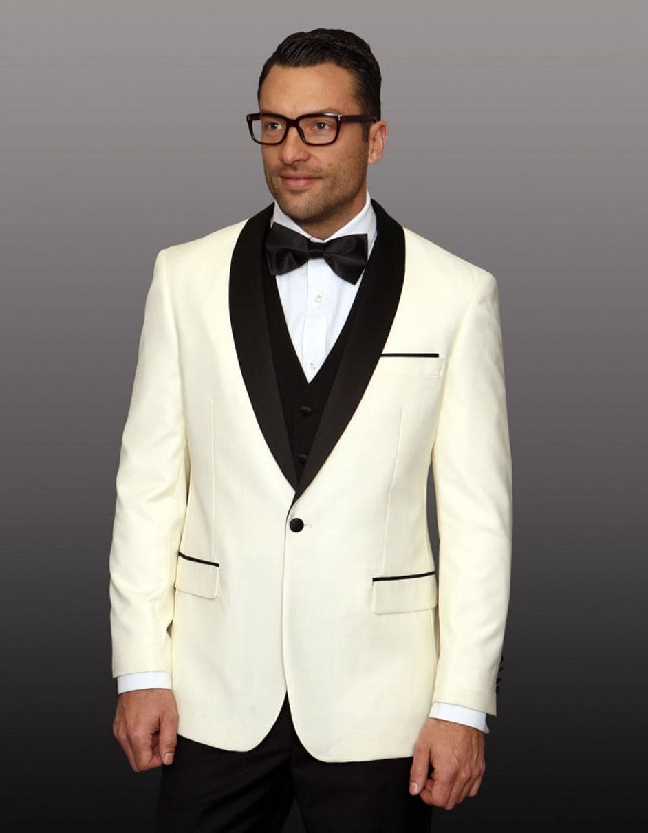 Mens 1 Button Shawl Lapel Wool Dinner Jacket in Ivory and Black