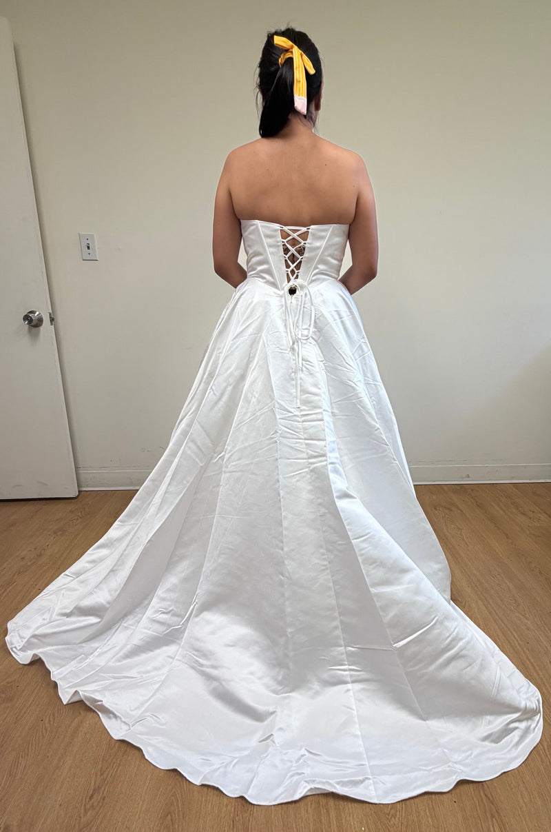 Strapless Satin Corset Bodice A-Line Prom Dress with Pockets & Lace-Up Back by Amelia Couture 5080