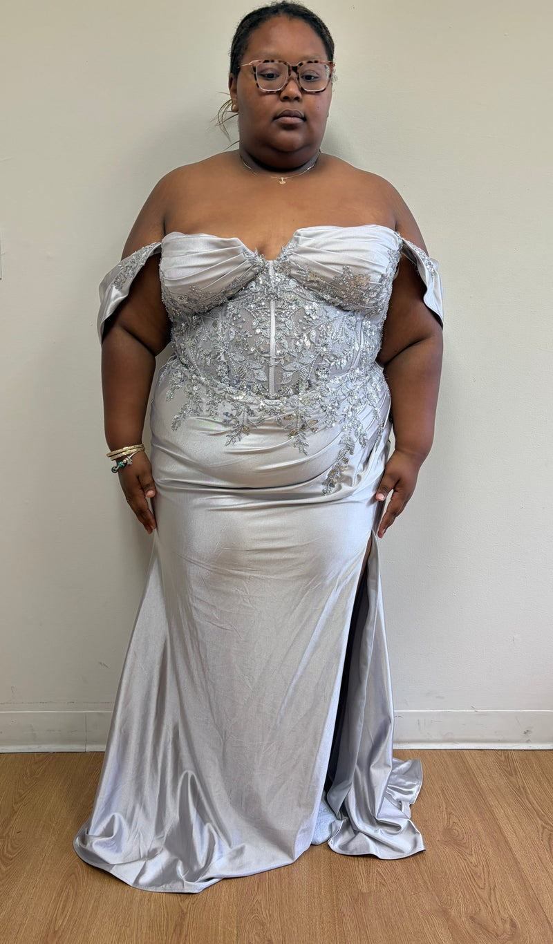 Off Shoulder Satin Mermaid Gown with Beaded Lace Appliqué & High Slit by May Queen MQ2181