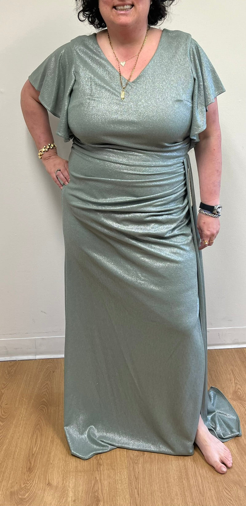 Metallic Glitter Flutter Sleeve Gown with Ruched Waist and High Slit Formal Evening Dress By Lenovia 5329