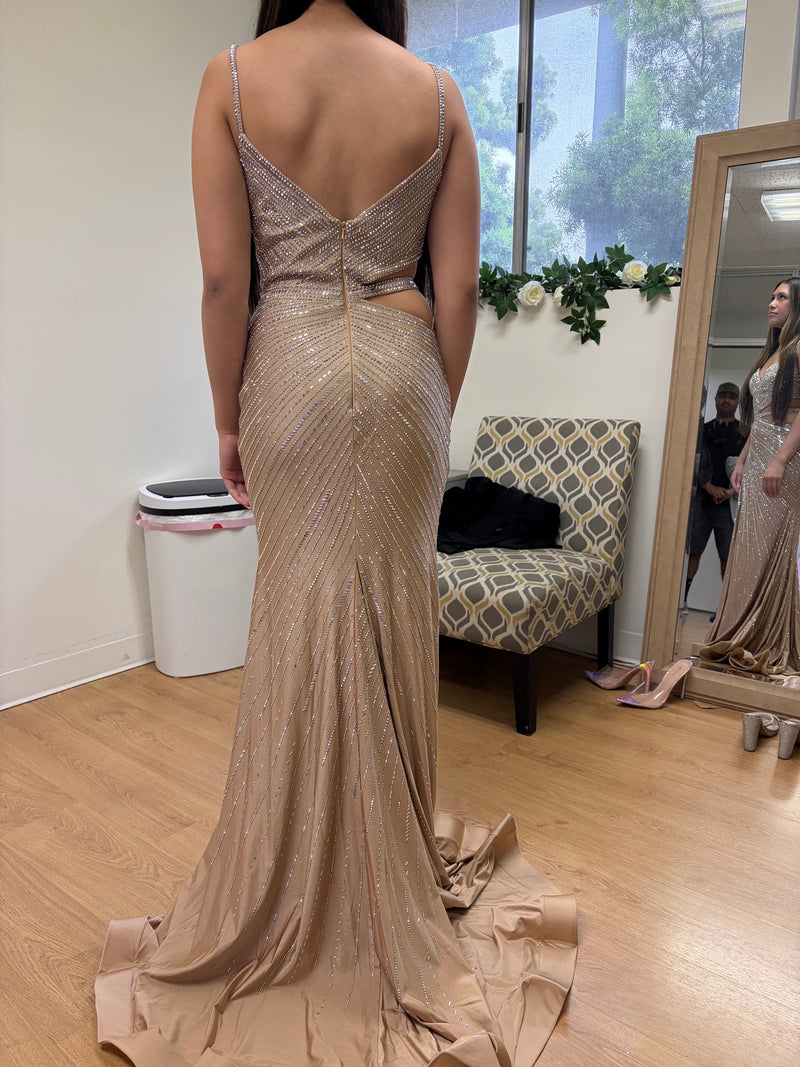 Sparkling Sequin Cutout Evening Gown with High Slit Spaghetti Strap Mermaid Dress by Royal Queen RQ-8219