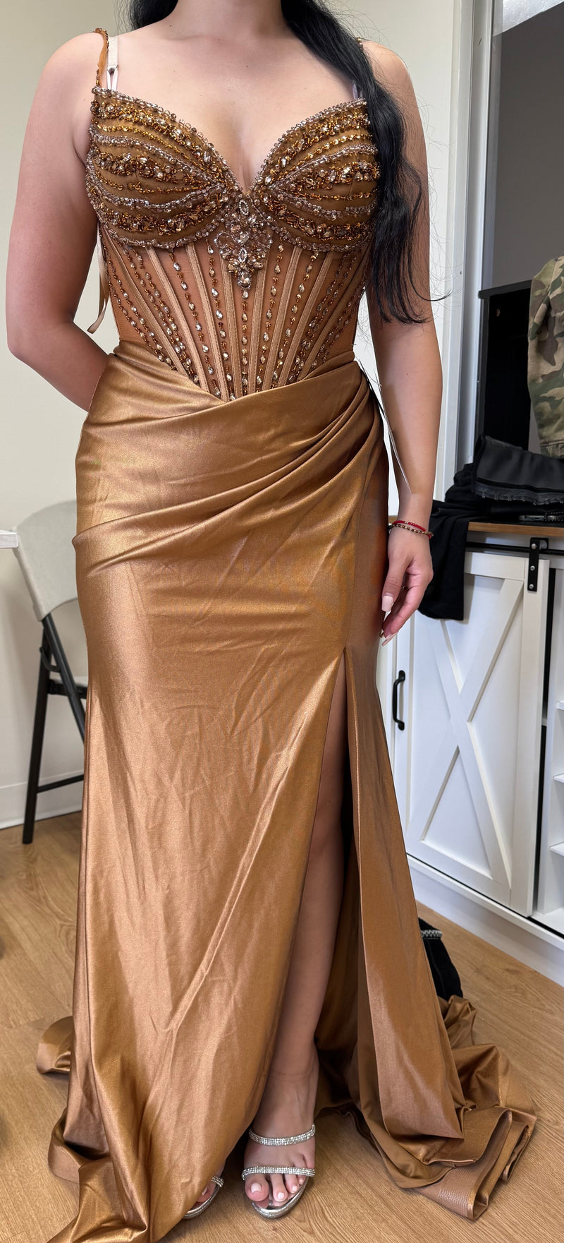 Shimmer Beaded Corset Satin Gown with Spaghetti Straps and High Slit By Lenovia 8404
