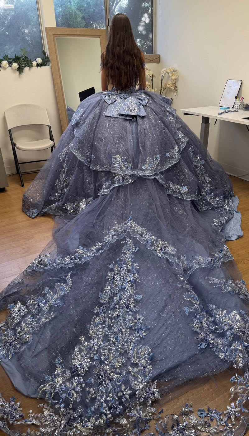 Luxurious Off The Shoulder QuinceaƱera Ball Gown with 3D Floral AppliquƩs Glitter Tulle Skirt by Layla K LK286