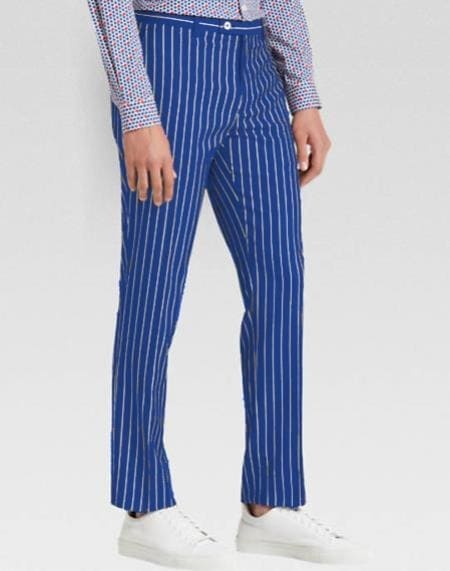 Mens Pinstripe Dress Pants - Royal Blue Stripe Slacks - White Pinstripe
