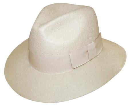 Men's cream fedora. 100% wool, medium brim, indented crown, smooth finish, ribbon band. Classic dress hat style.