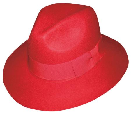 Classic red men's fedora. Crafted from 100% wool with a wide brim and pinched crown. Features a matching red ribbon band. Stylish and warm.