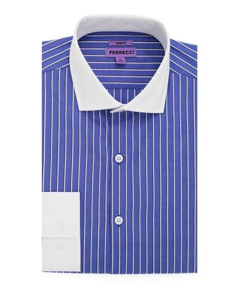 Spread Collar Blue Striped Pattern Men's Dress Gingham Shirt - Checker Pattern - French Cuff - White Collared + Free Bowtie