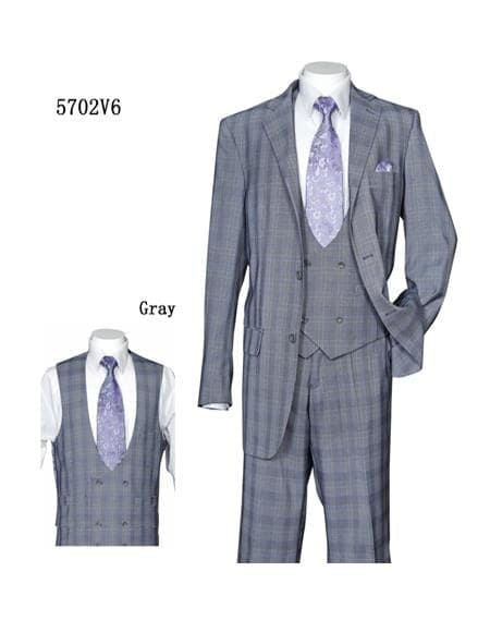 Mens Grey Plaid 3-Piece Slim Fit Suit – Checkered, Vest and Trousers Set