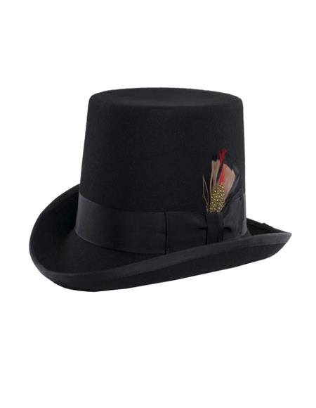 Black designer pilgrim-style top hat. Structured cylindrical crown, wide curled brim. Black fabric, feather accent, and satin band detail.