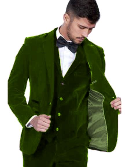 Men's Dark Green Color Peak Lapel Men's Velvet Suit Vested