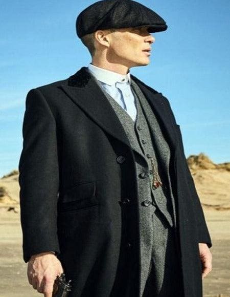Thomas Shelby Tench coat Men's Black One Chest Pocket Three Button Peaky Blinders Suit - Peaky Blinders Outfit + Hat - AlbertoNardoniStore