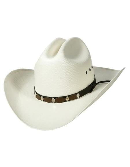 White straw Wild West hat with cattleman crease & wide brim. Brown leather band with diamond accents. Features ventilation holes. Classic western style.