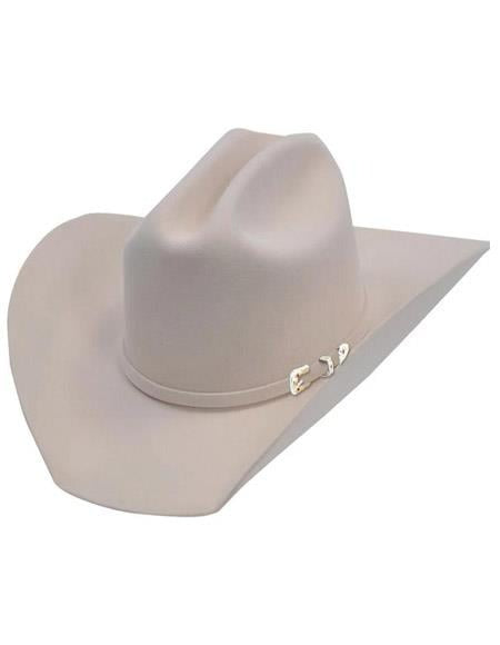 Western-style Los Altos hat: high crown, angled brim, light beige color. Made of wool/beaver felt. Features a decorative band with a metallic element.