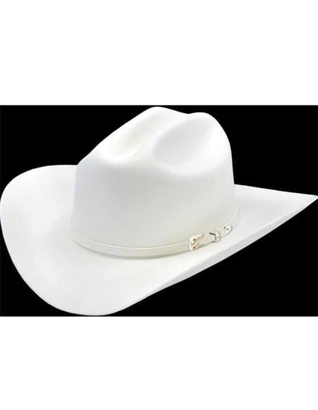 White cowboy hat. High, rounded crown with creases, wide, upturned brim. Thin decorative band around the crown's base. Classic Western style.