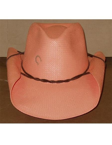Orange straw cowboy hat. Wide brim, high crown with a point. Brown cord detail at the base of the crown.