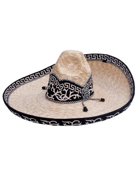Large, wide-brimmed straw sombrero (sombrero charro). Conical crown with a black band and white geometric pattern. Brim extends outward.
