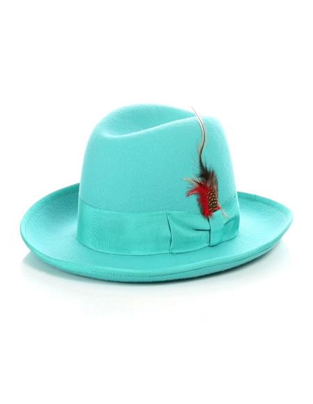 Turquoise 1920s gangster hat. Wide brim, structured crown. Felt material with bow and feather accent.