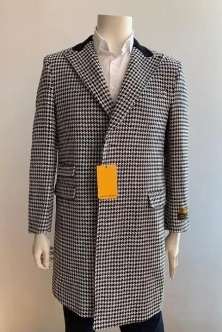 Men's Overcoat - Peak Lapel 1920s Style Car Coat Three Quarter By Albereto Nardon + White And Black - AlbertoNardoniStore