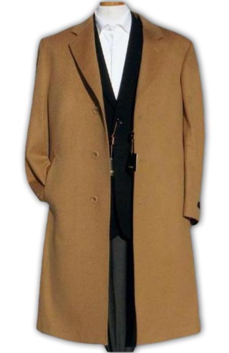 Men's camel overcoat. Classic single-breasted wool design with peak lapel. Solid camel color, a timeless outerwear staple.