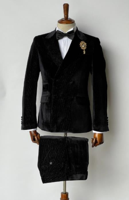 Mens Velvet Suit - Slim Fit Double Breasted Suit - Blazer And Pants Black